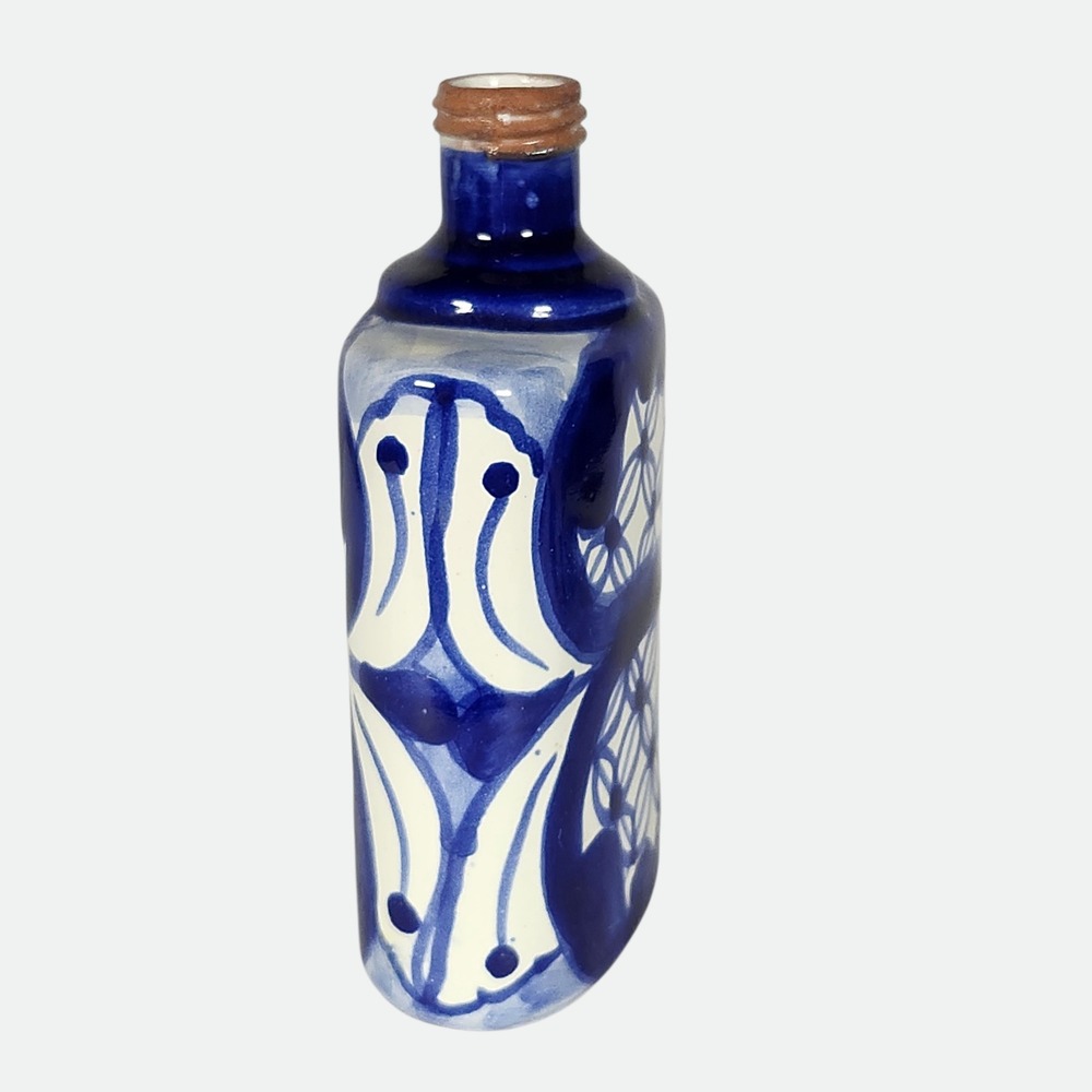 Mexican Talavera Pottery Bottle Flask Cobalt Blue White Hand Painted Mexico - Picture 6 of 11